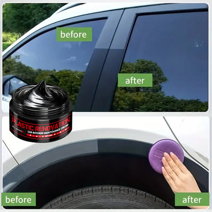 Car Plastic Restorer & Black Interior Trim Polish - Scratch Repair Paste, Anti-Aging Refurbishment Wax for Dashboard, Bumper, Tire Shine & Leather Seat Care, Works on All Car Interiors & Exteriors (30g + Sponge)