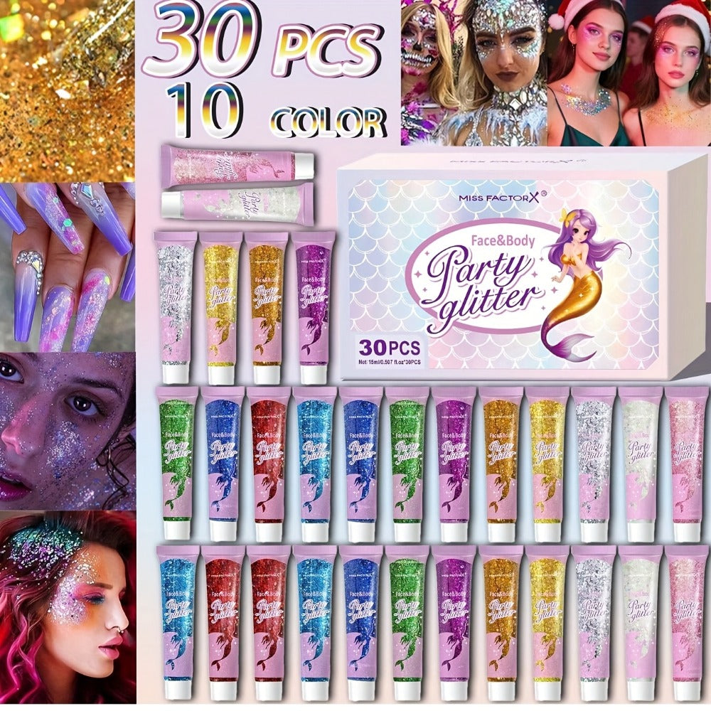 Face Body Glitter Gel Set 30 Pieces — Colorful Shapes Mermaid Sequin Stars Hearts, Transparent Gel Base, Skin-Safe Shimmer Makeup for Festivals, Raves, Halloween, Cosplay & Parties