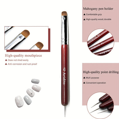 Acrylic Nail Art Brushes Set 4pcs with Dotting Pens - Red Wood Handle Precision Tips #10 #12 #14 #16 for French Manicure Nail Sculpting Cuticle Care Home Salon Women
