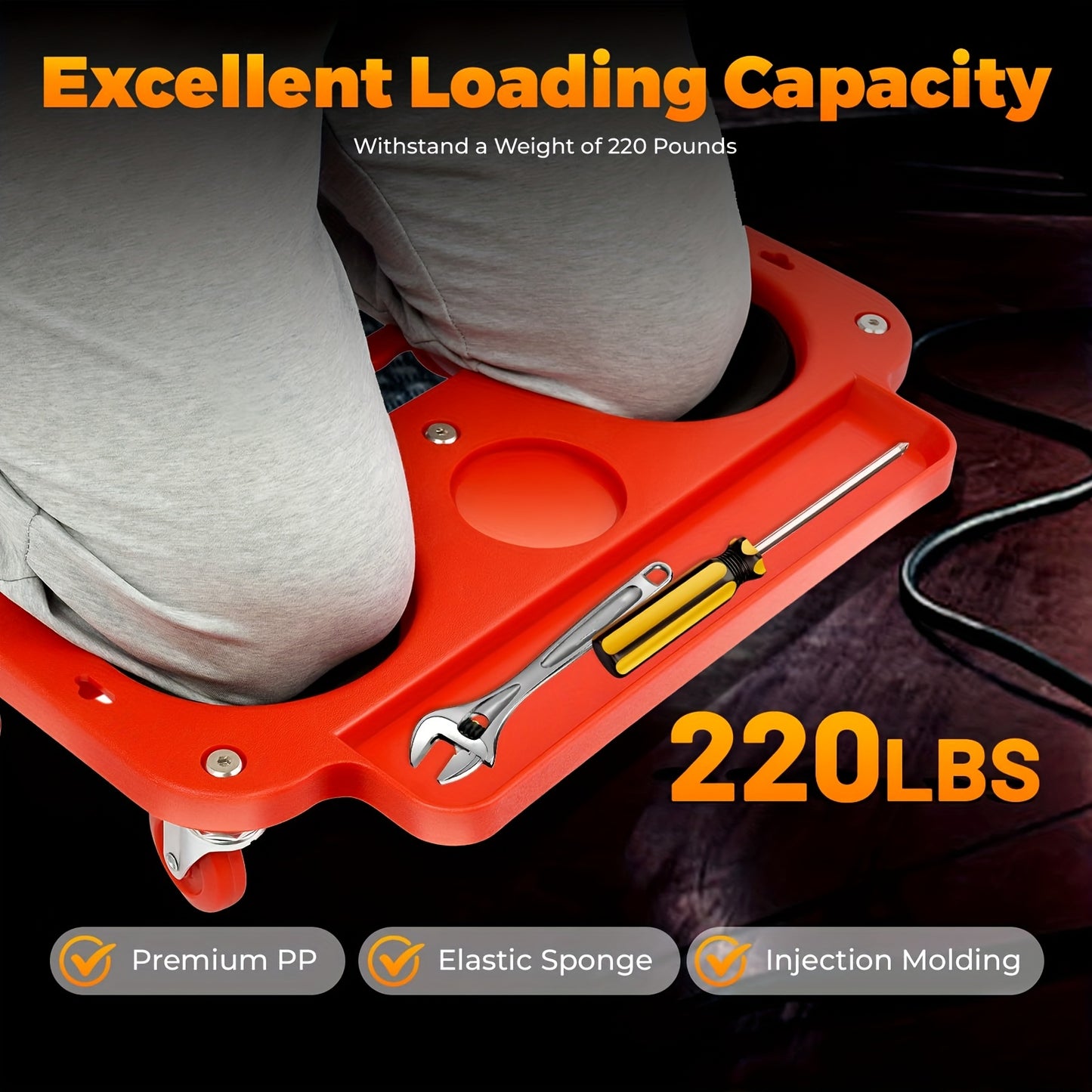 A Rolling Knee Protector with Wheels, A Rolling Knee Movement Platform with Foam-filled Knee Cups, Suitable for Automotive Repair, Flooring, And Garage Applications, with Dimensions Of 20.08 Inches X 5.51 Inches.