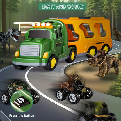 Dinosaur Transport Truck Toy Set with Lights & Sounds – 7-in-1 Dino Carrier with 3 Dinosaur Figures & 3 Monster Cars for Boys Girls Ages 3+, Battery Powered, Birthday Christmas Gift