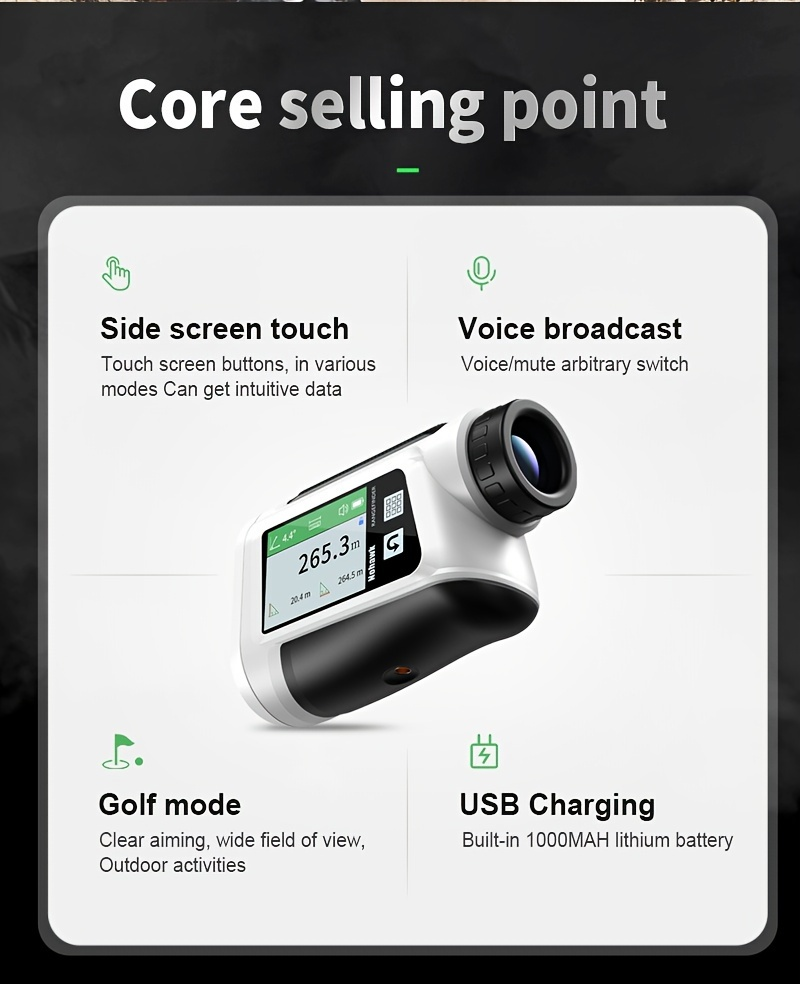 Laser Rangefinder 1000m for Golf & Hunting – Slope Compensation, Flag Lock Vibration, 6x Magnification, USB Rechargeable, 10 Measurement Modes with English Voice & LCD Display