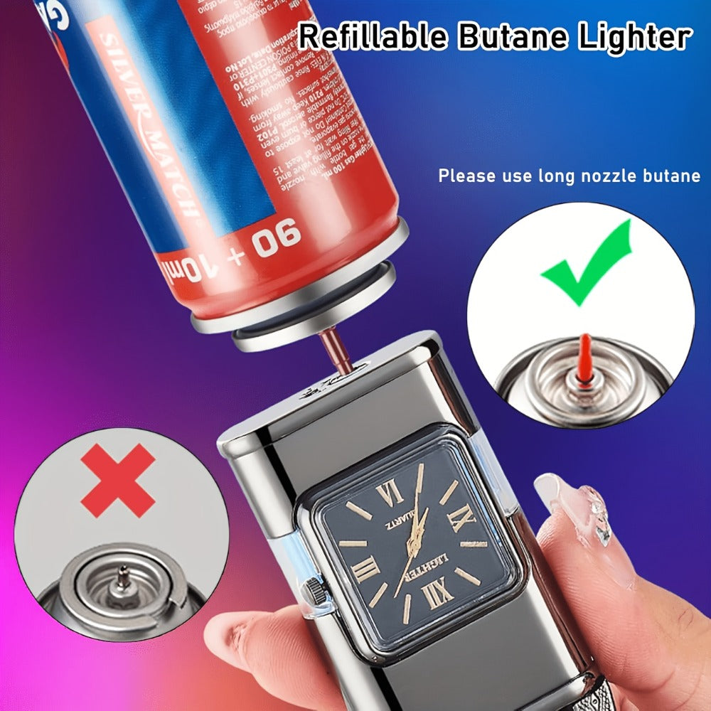 Double Flame Torch Lighter for Men – Windproof Refillable Butane Lighter with Vintage Quartz Dial, Zinc Alloy Body, Gift Box Included, Outdoor Camping BBQ Survival, Unique Engraved Style (Butane Not Included)