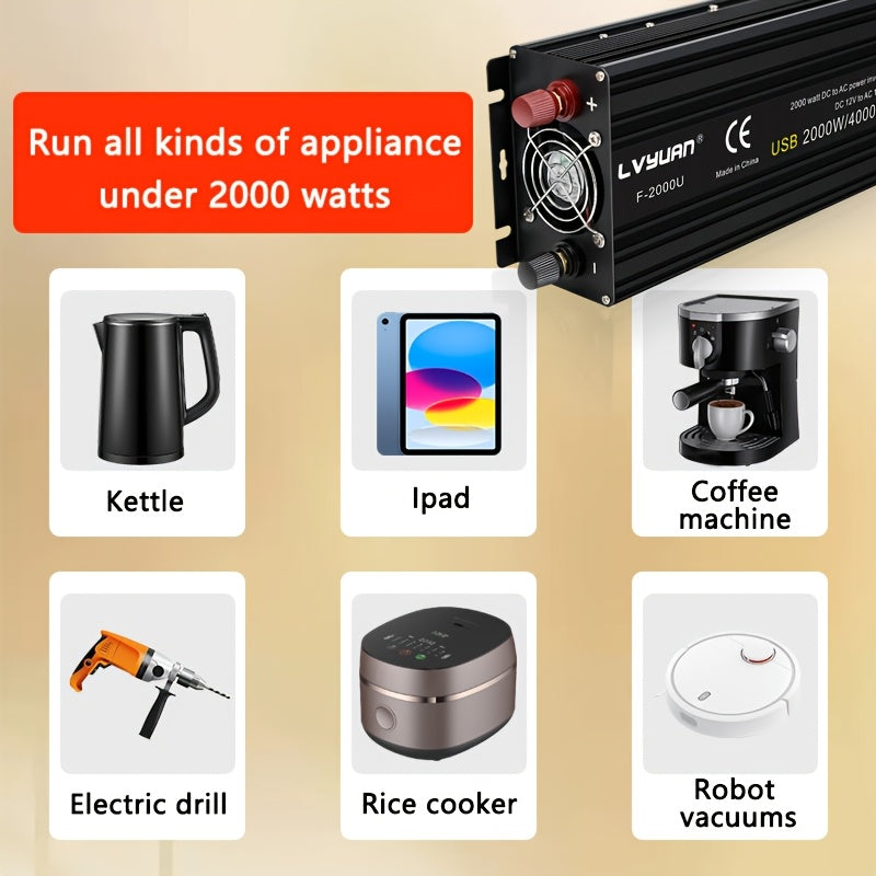 Lvyuan 2000W/4000W Peak/DC 12V to AC 110V/130V Car Power Inverter with LED, 2000W with 2 US Sockets 2 USB Ports for Auto, Vehicle, RV, Outdoor, Home