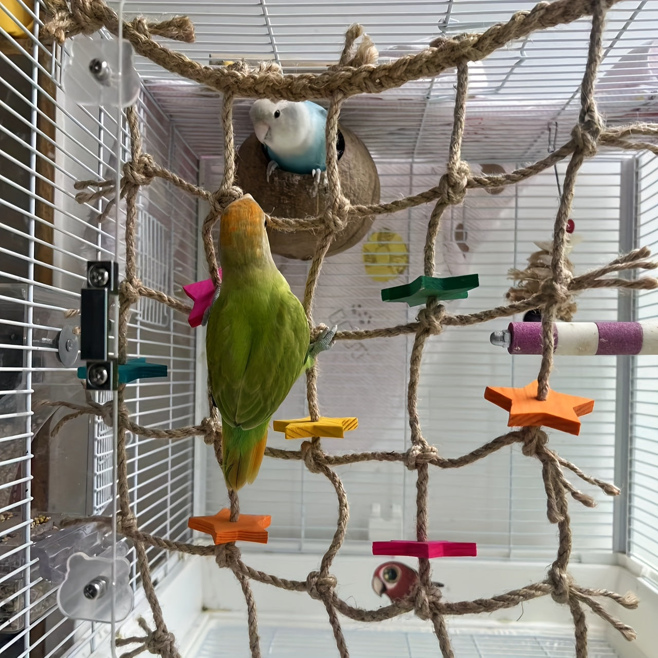 Bird Climbing Net for Parrots Hemp Rope Play Gym with Star Shape Chewable Toys Foraging Ladder Perch for Parakeets Cockatiels Conures Budgies