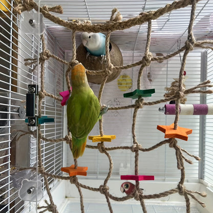 Bird Climbing Net for Parrots Hemp Rope Play Gym with Star Shape Chewable Toys Foraging Ladder Perch for Parakeets Cockatiels Conures Budgies