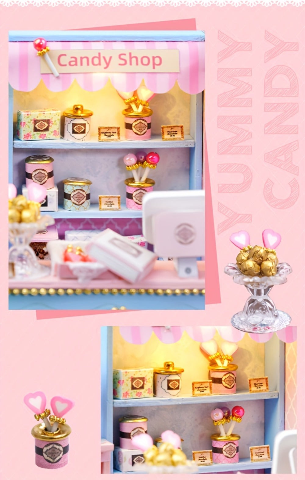 DIY Miniature Shop Dollhouse Kit with Dust Cover – Wooden Mini Store Assembly Set, 4 Themes Sakura Noodles Candy Atelier Coffee, Creative Home Decor Display Gift for Adults & Teens Birthday Christmas