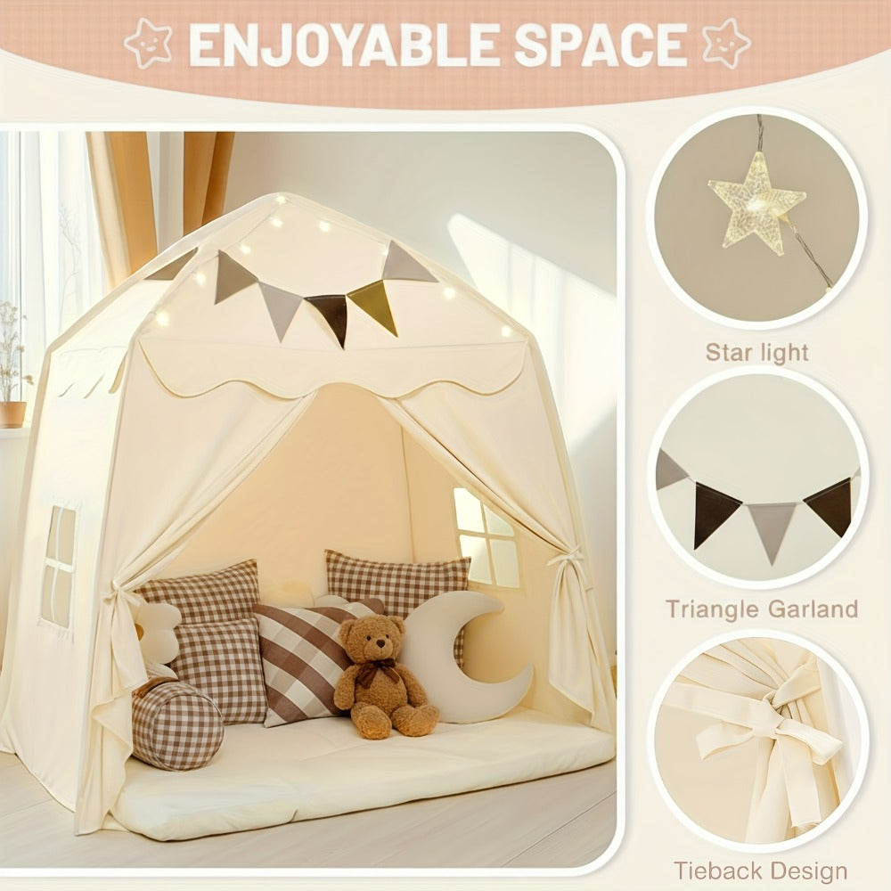 Play Tent for Kids Extra Large – Portable Foldable Teepee Indoor Outdoor Dome Playhouse with Flags, Bed Canopy Reading Nook for Boys Girls, Beige Pink Green Brown Cream 51–59 Inch