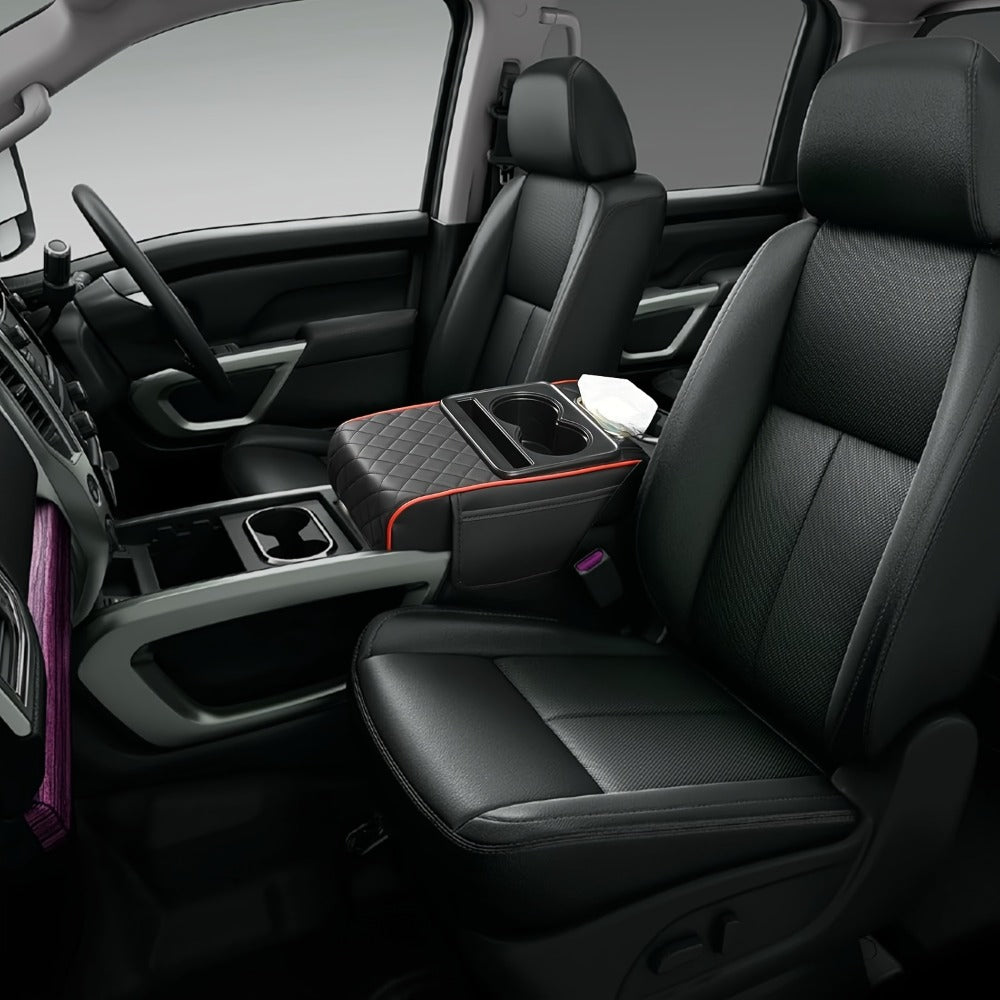 Car Armrest Box Cover PU Leather Center Console Mat – 2 Side Pockets 2 Cup Holders Tissue Storage, Universal Fit Most Car Models, Multi-Function Interior Organizer for Women