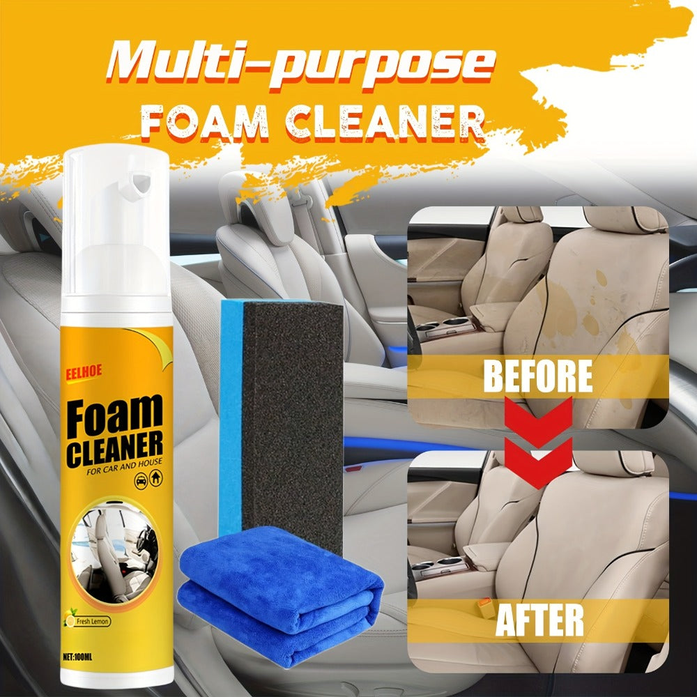 Car Interior Foam Cleaner Spray Kit 6.76oz | Multi-Surface Auto Detailing Cleaner for Dashboard Steering Wheel Seat Plastic Panel | Wash-Free Decontamination Foam with Sponge & Towel Set