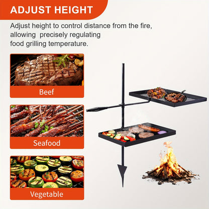 Portable Camping Grill Set – Heavy Duty Skillet Combo with Adjustable Grill Grate, Grill Pan & Carrying Bag – Steel & Iron Construction, 3 Size Options, Black Outdoor Cooking Kit
