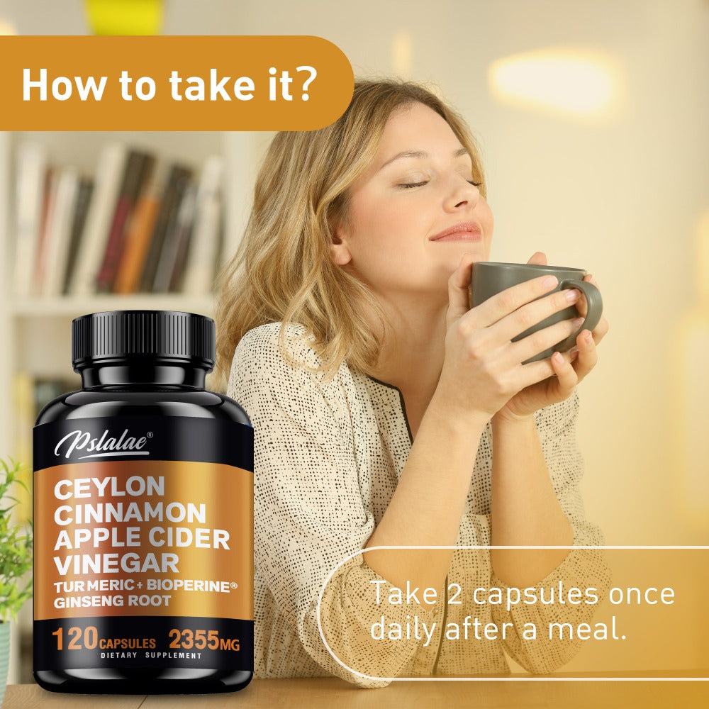 Ceylon Cinnamon Capsules 120 Count with Apple Cider Vinegar Turmeric Bioperine & Ginseng — 5-in-1 Blood Sugar Metabolism & Immune Support Herbal Supplement for Women and Men