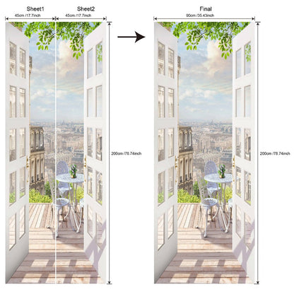 Door Sticker Balcony Scenery Wall Mural – Removable Waterproof Peel & Stick Large Wall Art for Bedroom & Living Room, Faux Window View Home Decor, 35.43 x 78.74 Inches