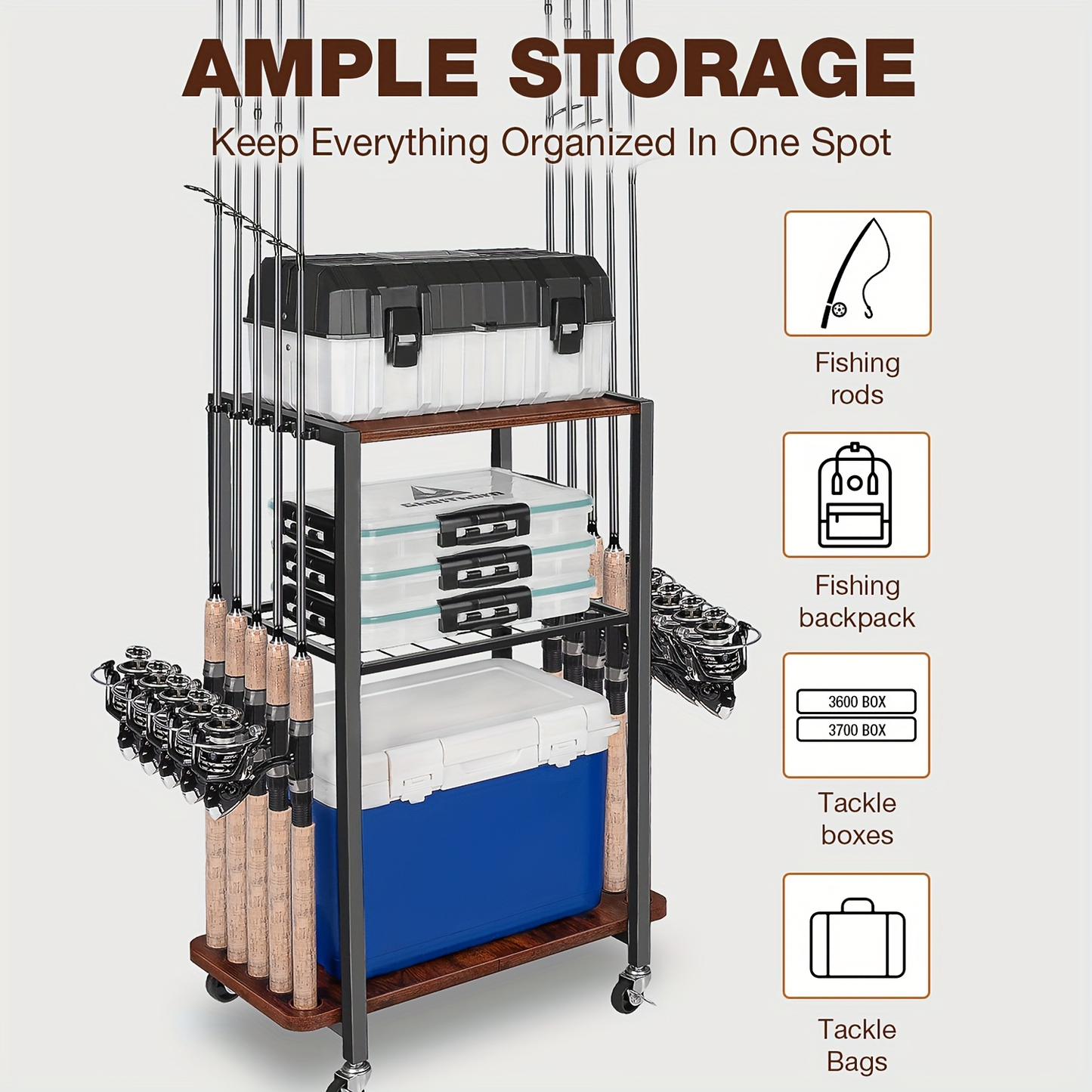 Fishing Rod Holder Rack Rotating Tackle Storage Cart Iron Wood Holds 10 to 12 Rods Garage Fishing Pole Organizer with Wheels Fishing Gear Gift for Men and Women Father Mother