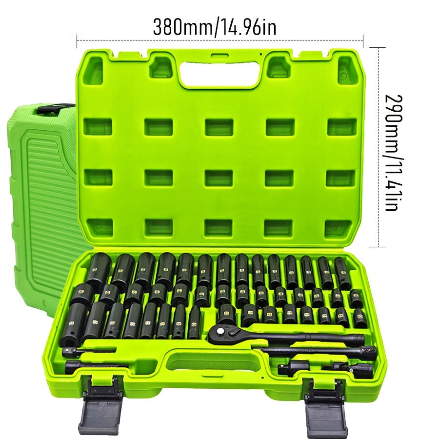 34pcs Impact Socket Set with 1/2" Drive Or 53pcs Tool Set Or 47pcs Impact Socket Set with 3/8" Drive, SAE (5/16" to 3/4") And Metric (8 to 22mm) Sizes, 6-point Design, Including Ratchet Handle, Extension Rod And Connector, Cr-V
