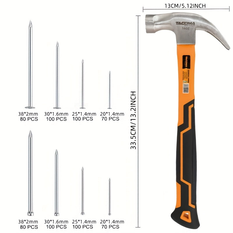 Claw Hammer & 700-Piece Nail Kit – 8oz or 16oz Forged Steel Magnetic Hammer with Galvanized Picture Hanging & Finishing Nails, Home Repair & DIY Wall Hanging Tool Set
