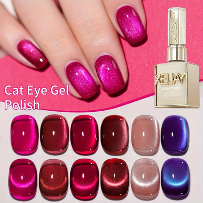 Berry Cat Eye Gel Polish 6 Colors Photo Frame Bottle Magnetic Holographic Reflective Soak Off LED UV – Deep Plum Burgundy Magenta Nail Art Gel for Salon & DIY Manicure, Nail Art Gift for Women