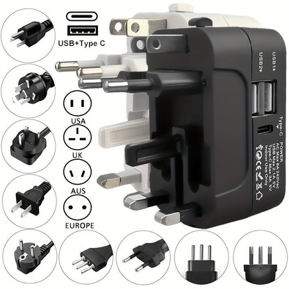 Universal Travel Adapter with Surge Protection - 2 USB & Type-C Ports, All-in-One International Plug for 350+ Countries, 100-240V Input, Fast Charging, Compact Lightweight Design, White & Black
