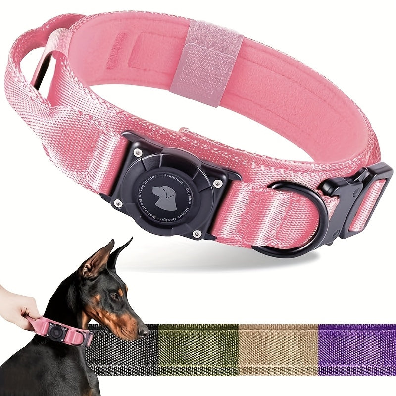 Tactical Dog Collar with AirTag Holder and Handle Adjustable Heavy Duty PC Case GPS Tracking Compatible for Medium Large Dogs M L XL 9 Colors No AirTag
