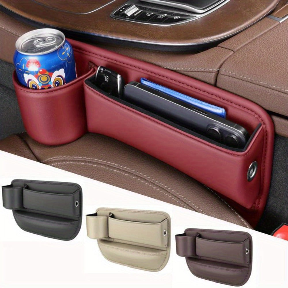 Car Seat Gap Organizer PU Leather – Side Filler Storage Box with Phone, Card, Key & Cup Holder, Non-Slip, Universal Fit, Front Seat Gap Pocket, 1pc or 2pc Set