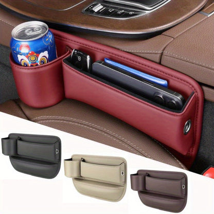 Car Seat Gap Organizer PU Leather – Side Filler Storage Box with Phone, Card, Key & Cup Holder, Non-Slip, Universal Fit, Front Seat Gap Pocket, 1pc or 2pc Set