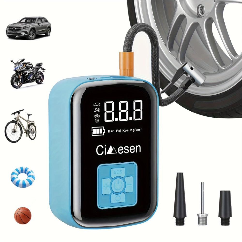 Portable Tire Inflator Air Compressor 150PSI 100W Cordless 4000mAh Digital Display 5 Modes USB-C Fast Charge for Car Motorcycle Bicycle Ball Auto Shut-Off Yellow Blue Black Silver