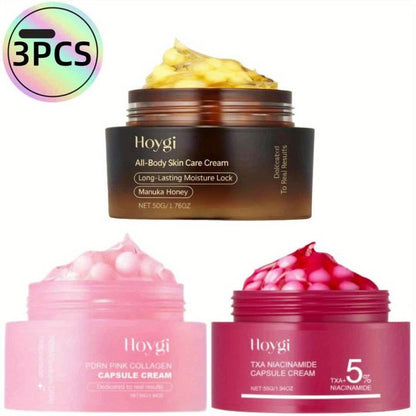 PDRN Collagen Capsule Cream Set 3pcs Vitamin C Niacinamide Advanced Capsule Technology Deep Moisturizing Day Night Face Cream — Brightening Firming Pore Minimizing Skincare Gift for Women