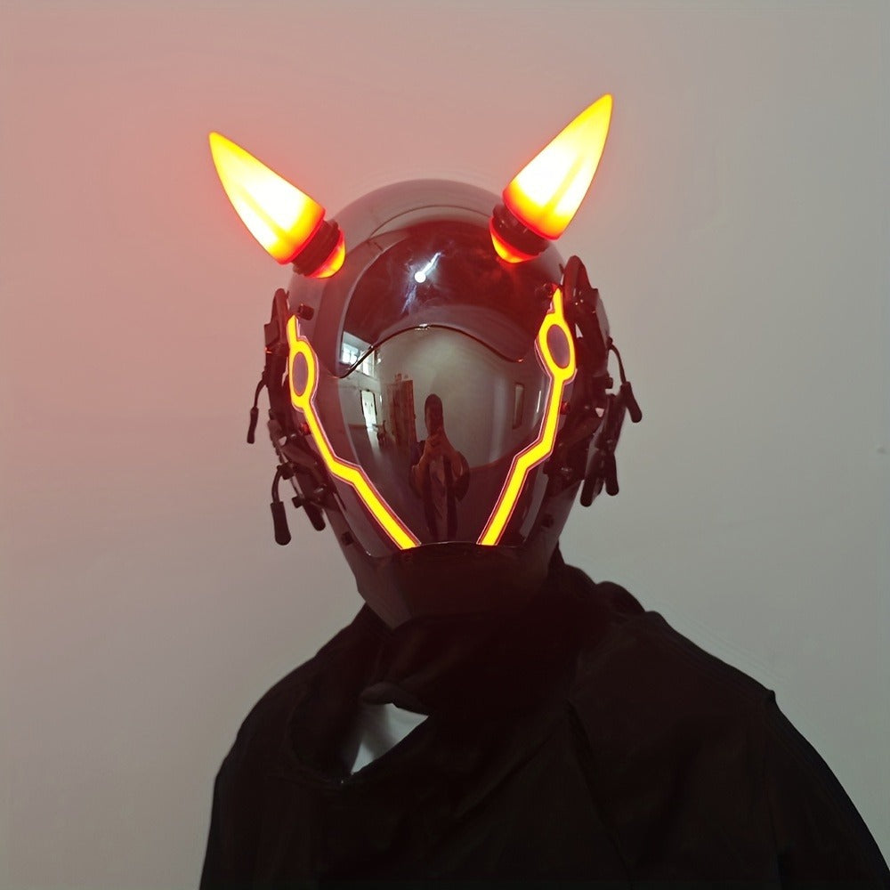 Electric Pink Punk Cosplay Mask with Helmet – Battery-Powered LED Full Face Mask for Halloween, Christmas, Easter, Rave Music Festival & Party, Unisex Adult Costume Prop, Cool Gift for Men & Women