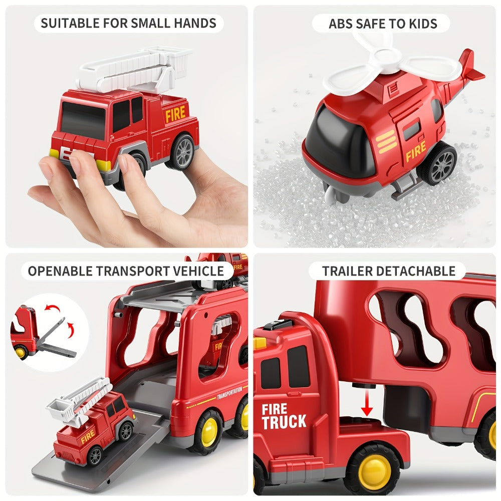 5-in-1 Fire Truck Playset for Kids 3-9, Friction Powered Interchangeable Rescue Vehicles Set with Carrier Truck, Red Plastic Toy Cars for Boys and Girls, Birthday Christmas Gift