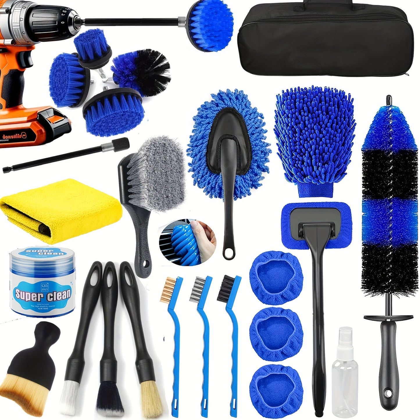 26-Piece Car Detailing Kit – Complete Car Cleaning Brush Set with Drill Brushes, Wheel Brush, Wash Mitt, Cleaning Gel & Squeegee for Interior, Exterior & Wheels