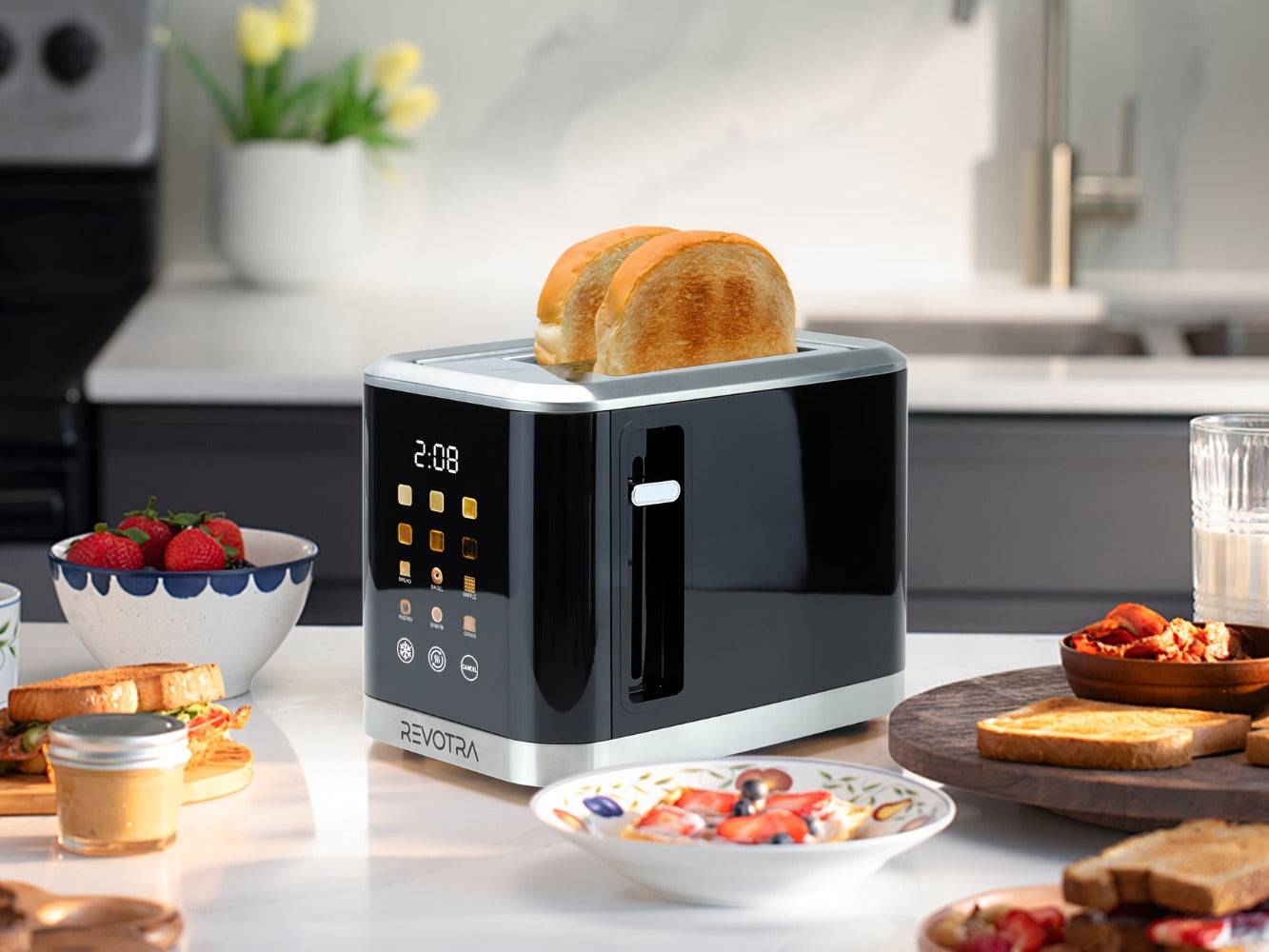 Stainless Steel Toaster 2 Slice with LED Display & Extra Wide Slots – 6 Shade Settings, Defrost Reheat Cancel Functions, Removable Crumb Tray, Compact Design for Bagels, Waffles & Bread