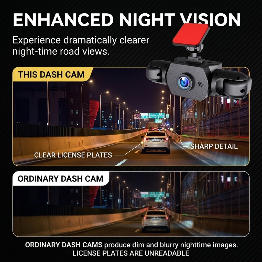 4-Camera 1080P Dash Cam, 360° Recording, 3.6" Clear IPS Screen, Night Vision/WDR, Parking Detection, Easy Mount