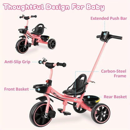 Push Handle Tricycle for Toddlers Girls Pink – 3 Wheel Trike Ages 18-60 Months with Padded Backrest, Safety Belt, Adjustable Seat | Best Birthday Gift for Kids 1 2 3 4 5 Year Old