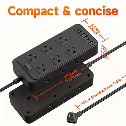 Charging Station Power Strip 18-in-1 with 12 AC Outlets 4 USB-A 2 USB-C Ports Surge Protector Flat Plug 5FT PVC Extension Cord Fire-Resistant for Home Office Travel Desk White Black