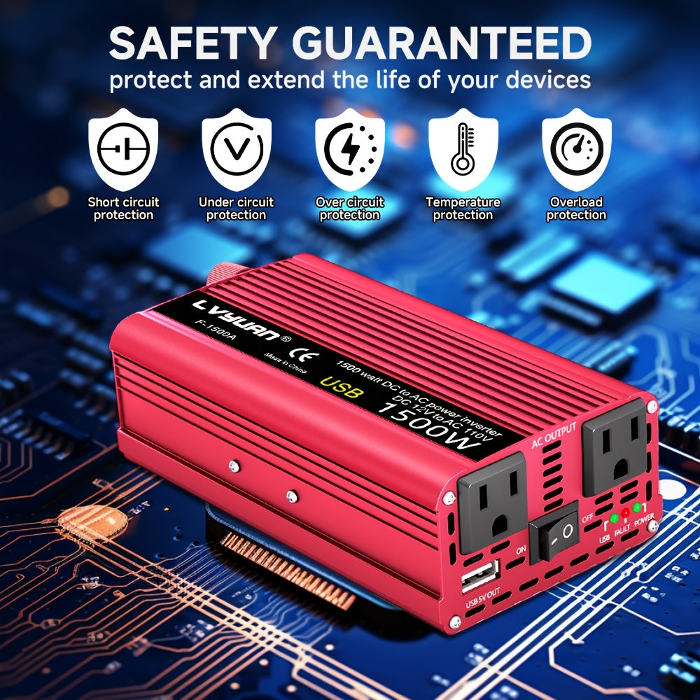 LVYUAN 1500W Peak Car Power Inverter, DC 12V to 110V AC Converter with 2 AC Outlets And USB Charging Port, Built-In Cooling Fan And Multiple Safety Protections for Car, RV, Truck, Camping, Off-Grid Emergency Use