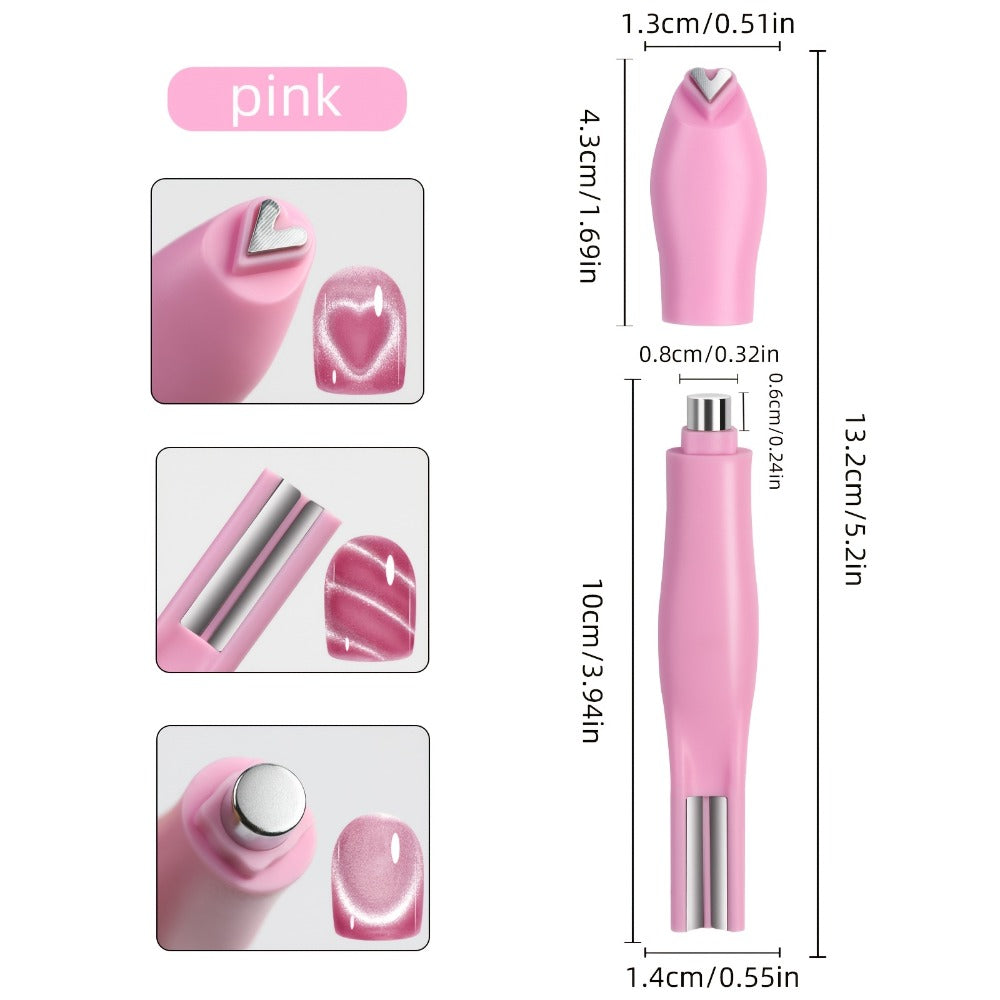 Cat Eye Nail Magnet Set 3Pcs 6-in-1 Magnetic Nail Art Tool – Pentagram Heart Round Cigar Magnets for Cat Eye Gel Polish Linear Star Heart Effects, DIY Home Salon Studio, Pink Design