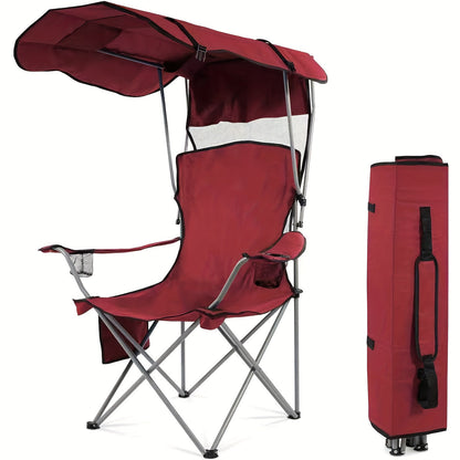 Folding Camping Chair with Sunshade Canopy, Heavy Duty Portable Outdoor Chair with Armrests Cup Holder & Carry Bag for Beach Fishing Picnic Sports