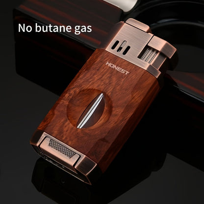 Cigar Torch Lighter with V-Shaped Cigar Cutter Built-in Clip Dual Windproof Jet Flame Visible Gas Window Integrated Cigar Lighter for Men Butane Gas Not Included