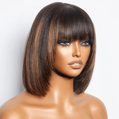 Straight Bob Wig with Bangs Human Hair 3x1 Lace Part Pre-Plucked Glueless Brazilian Short Bob 150 Density 1B/30 Highlight Natural Black 10-12 Inch Women