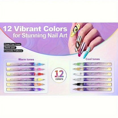 Acrylic Nail Doodle Pen Set 12 Colors - Quick-Dry Precision 3D Dot & Stitching Nail Art Pens, Long-Lasting Detail Drawing Tools for Home & Salon, Beginner & Professional Nail Art Gift