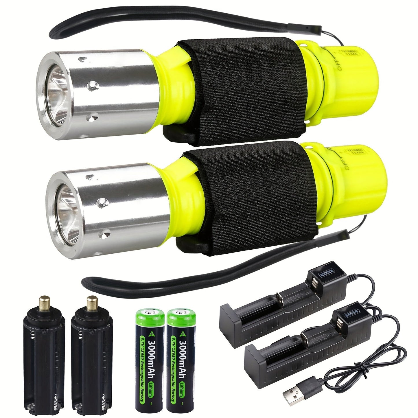 Scuba Diving Flashlight 2-Pack – Waterproof 80ft T6 LED 500 Lumens, Rechargeable 18650 USB, 3 Modes Rotary Switch Dive Light for Snorkeling, Caving & Outdoor Activities (Batteries & Chargers Included)