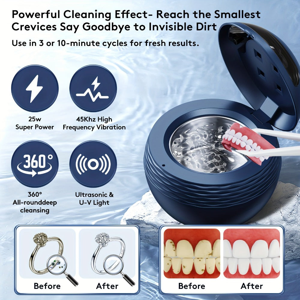 45kHz Ultrasonic Retainer Cleaner Machine with UV Sanitizer Portable Dental Cleaner for Retainers Aligners Dentures Braces Mouth Guard Jewelry 200ml Tank Chemical Free Blue Black White