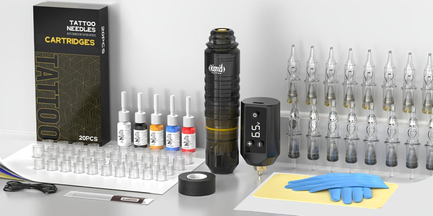 Cordless Tattoo Pen Kit Complete Set VOID 1200mAh Battery USB Type-C 20 Needles 5 Inks 40 Ink Caps Practice Skin Transfer Paper Gloves for Beginners & Professionals