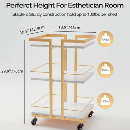 3-Shelf Rolling Salon Cart with Lockable Wheels 130lbs per Shelf – Heavy Duty Metal Frame Waterproof Utility Trolley for Esthetician, Spa, Tattoo, Massage & Manicure, Gold White Rose Gold Black