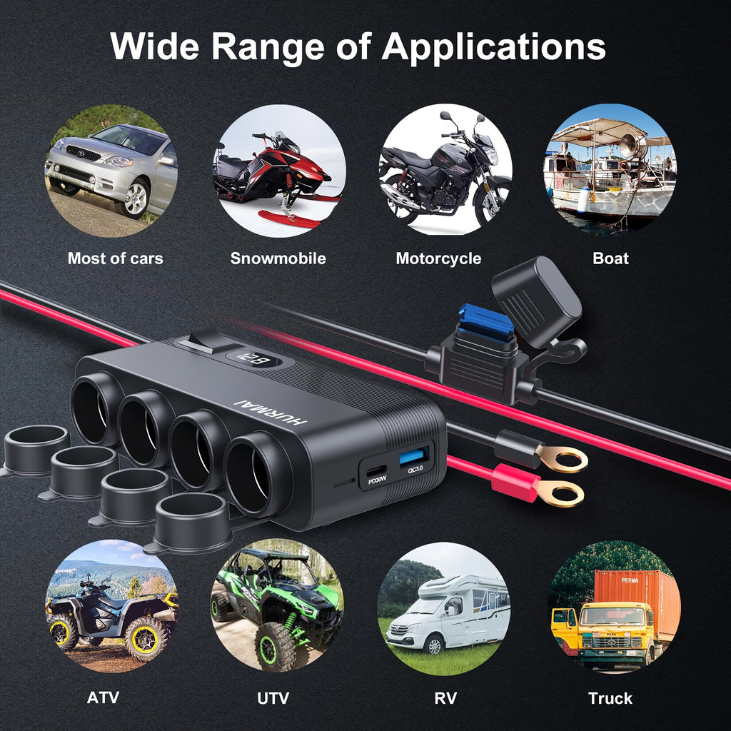 12V Socket Power Outlet, 10FT Cable 24V 216W Multi Port Outlet, 12 Volt Car Plug Lighter Socket, Power Supply Car Plug Outlet, Extension Cable With Perforated Terminal Direct Battery Adapter