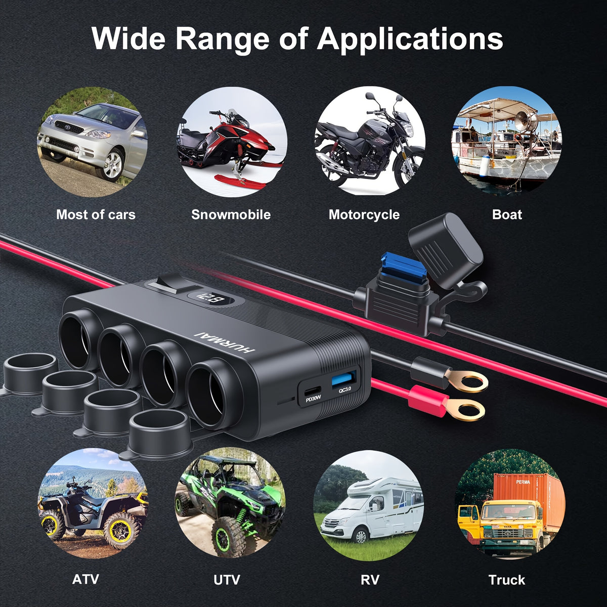 12V Socket Power Outlet, 10FT Cable 24V 216W Multi Port Outlet, 12 Volt Car Plug Lighter Socket, Power Supply Car Plug Outlet, Extension Cable With Perforated Terminal Direct Battery Adapter