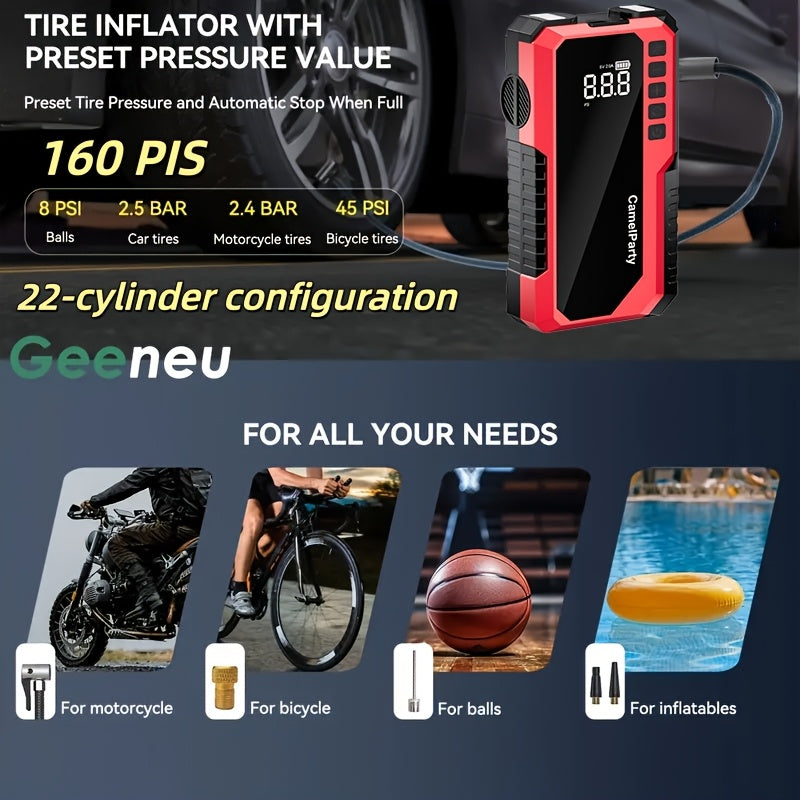 6000A/11000A Peak Jump Starter with Digital Tire Inflator Air Compressor, Multi-Function Car Jump Box Equipped with Smart Anti-Burn Battery Clips & LED Flashlight, Portable Emergency Power Bank for Car, RV, Motorcycle Vehicle Roadside Tools, Giftable