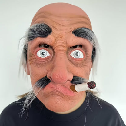 Old Man Grandpa Latex Full Head Mask with Beard – Realistic Smoking Elderly Halloween Costume for Adults Cosplay Theater Pranks Funny Disguise Prop Costume Party
