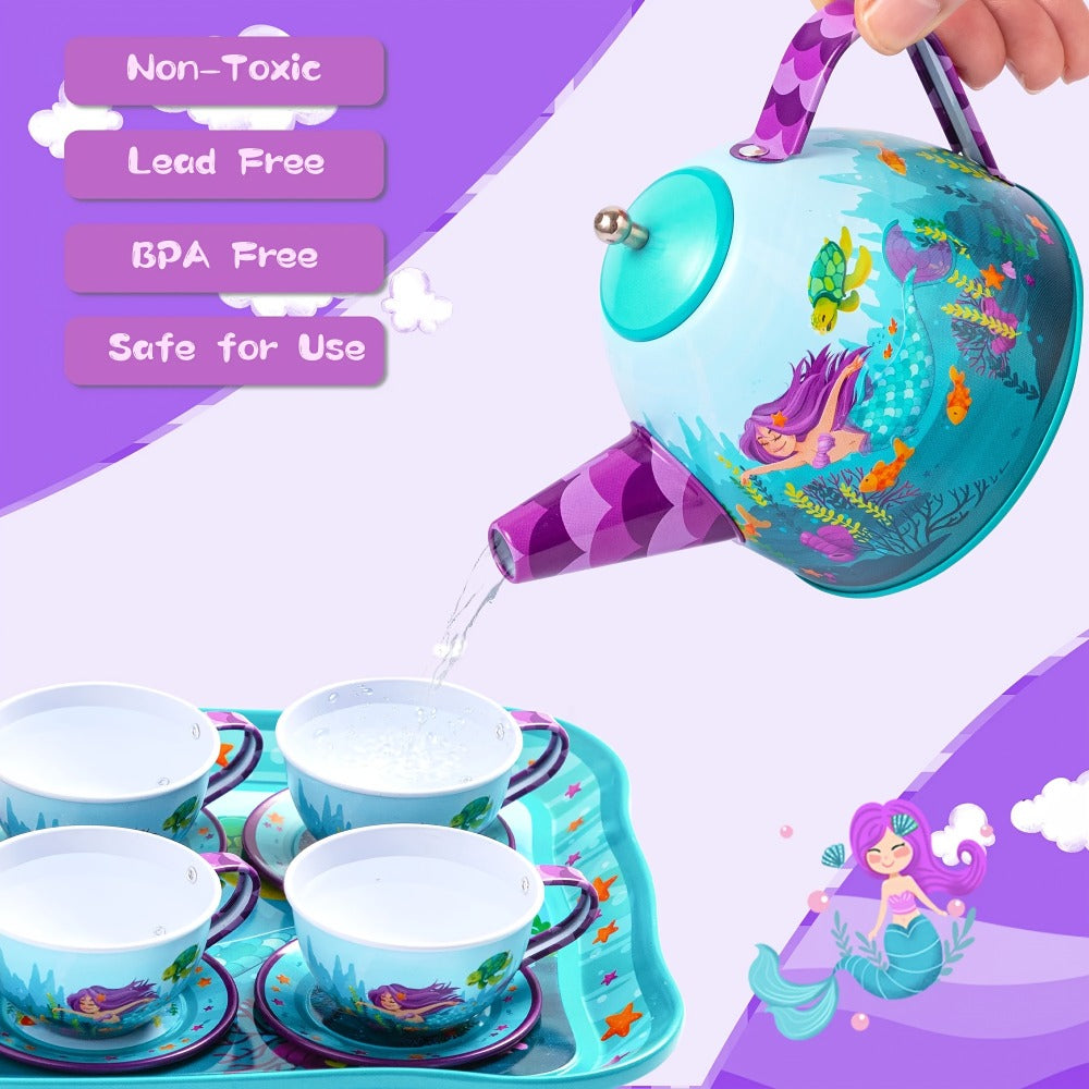 Mermaid Tea Party Set for Girls 21pcs – Tin Teapot, 4 Cups, Saucers, Plates & Carrying Case | Pretend Play Kitchen Toy for Toddlers, Birthday & Christmas Gift for Girls Ages 3 4 5 6
