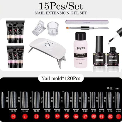 Poly Nail Gel Extension Kit 6 Colors with USB UV LED Lamp & Slip Solution - All-in-One Polygel Nail Extension Starter Set for Beginners, DIY Home Salon Nail Art Supplies for Women